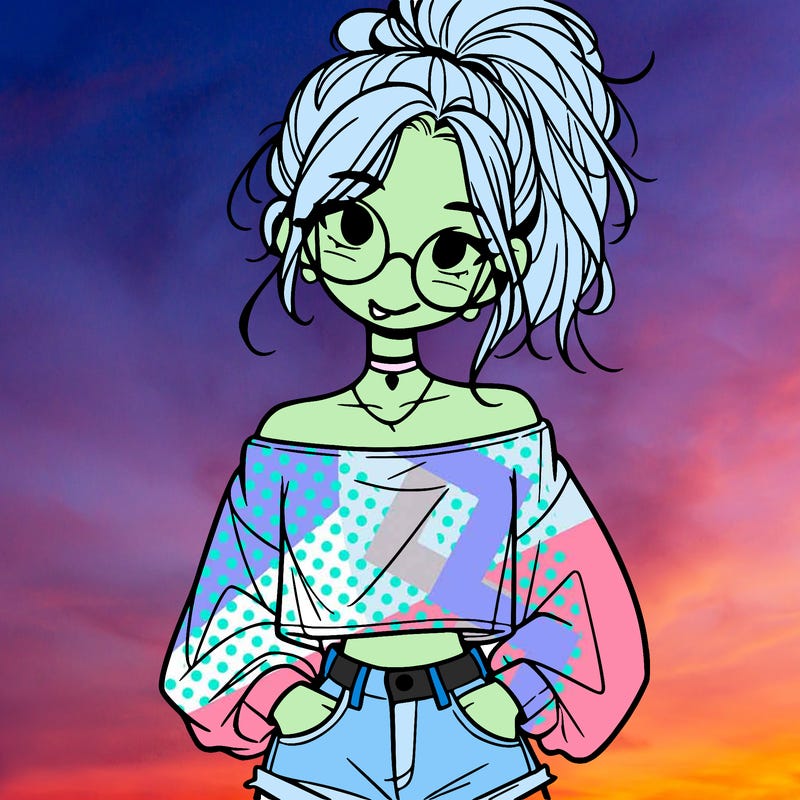 girl with a messy ponytail glasses a baggy crop top and jean shorts