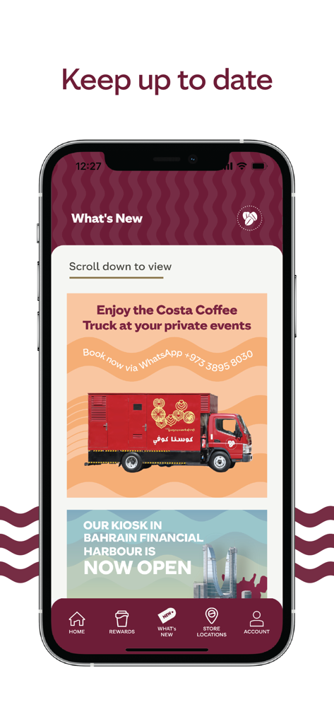 Costa Coffee Club BH - Der Bildschirm „Was gibt es Neues“ der Costa Coffee Club BH App, der Informationen zur Buchung eines Kaffee-Trucks und eine Ankündigung eines neuen Kiosks zeigt.