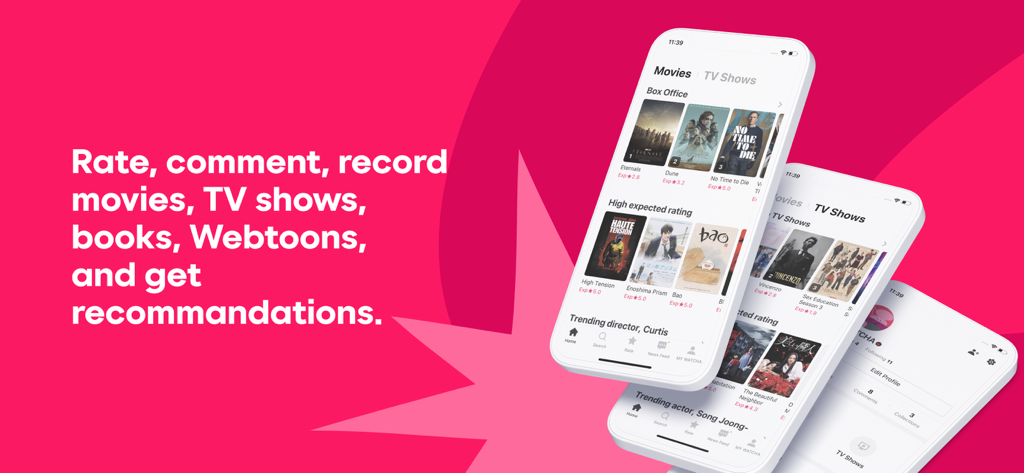 WATCHA PEDIA - App WATCHA PEDIA che mostra valutazioni e raccomandazioni di film e serie TV su tre smartphone