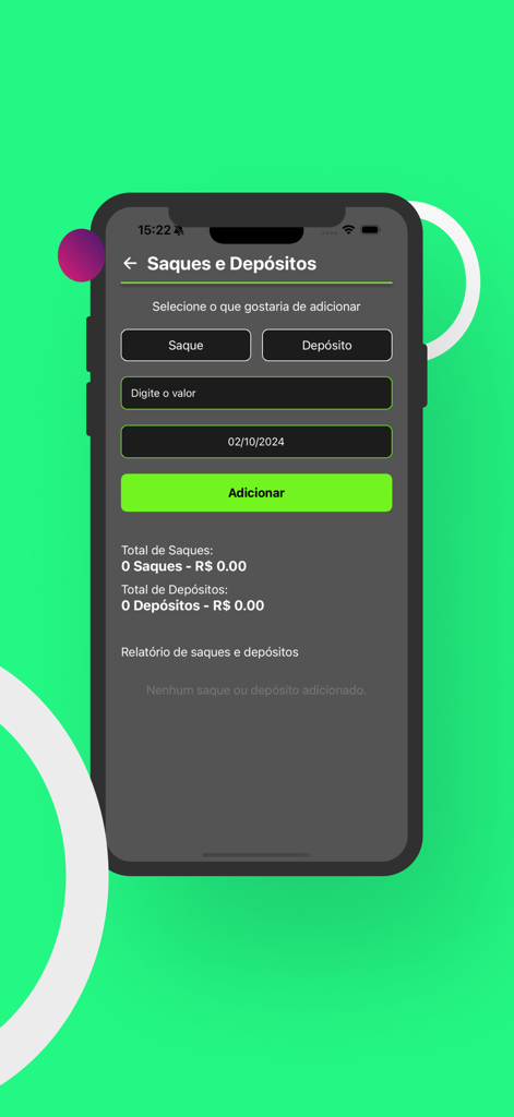 Planilha Gest - Planilha Gestアプリのバンクロールの入出金管理画面。ダークインターフェースと緑色のボタン