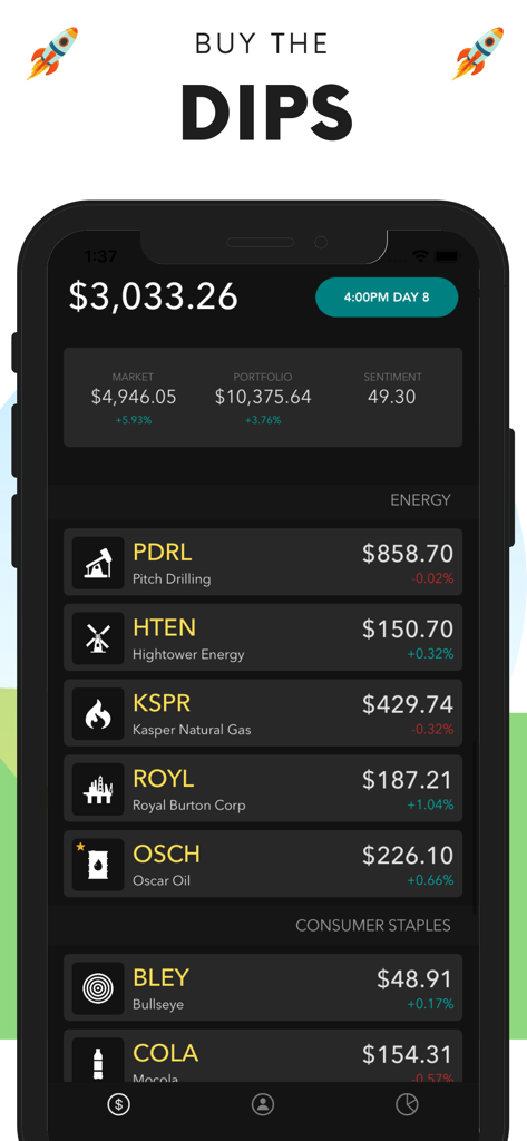 Interfaz de la aplicación Day Trader que muestra un simulador de bolsa con un panel de cartera y el texto Buy the Dips.