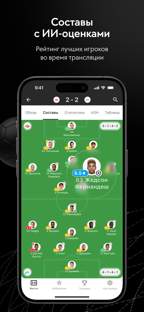 ГОЛ - результаты матчей онлайн - Mobile app screenshot showing soccer player lineups with AI-based performance ratings.