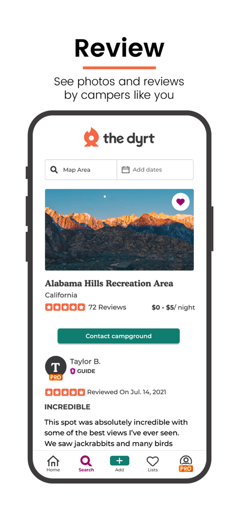 A 5 star user review and mountain landscape photo of Alabama Hills on The Dyrt mobile app