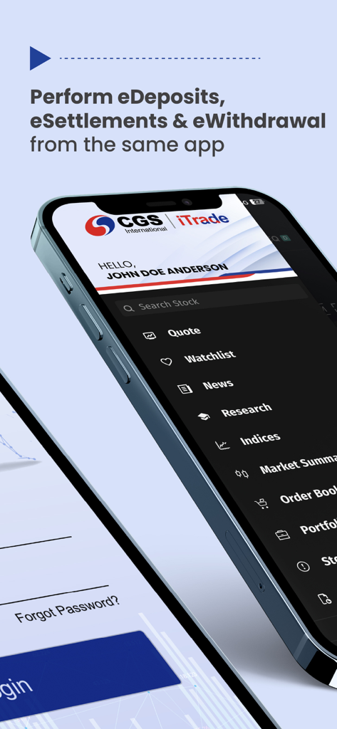 CGS iTrade MY app interface displaying a navigation menu with options for quotes news and research plus text about edeposits and settlements