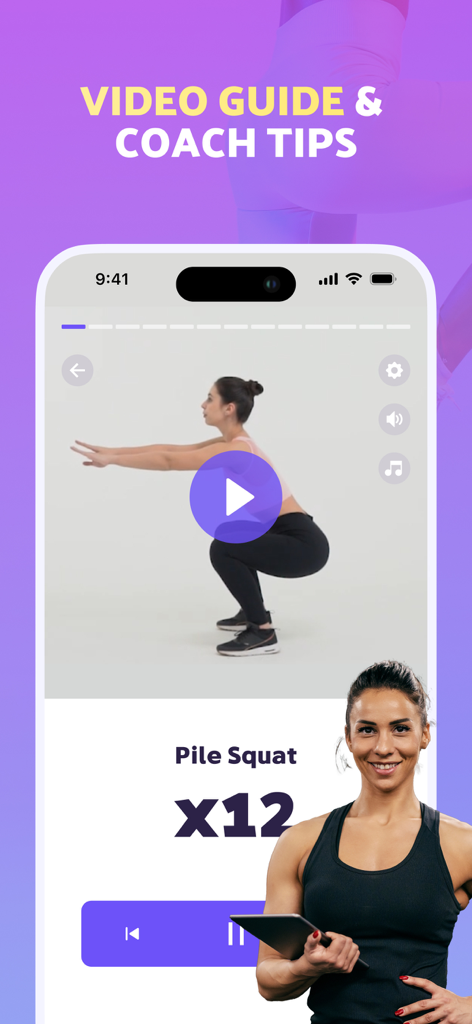 Fitease app interface showing a video guide and coach tips for a pile squat exercise