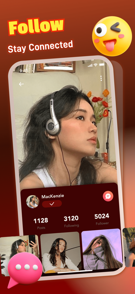 Maobe - Adult Vibe，Chat - Página de perfil de la aplicación social Maobe que muestra fotos de usuario y recuentos de seguidores