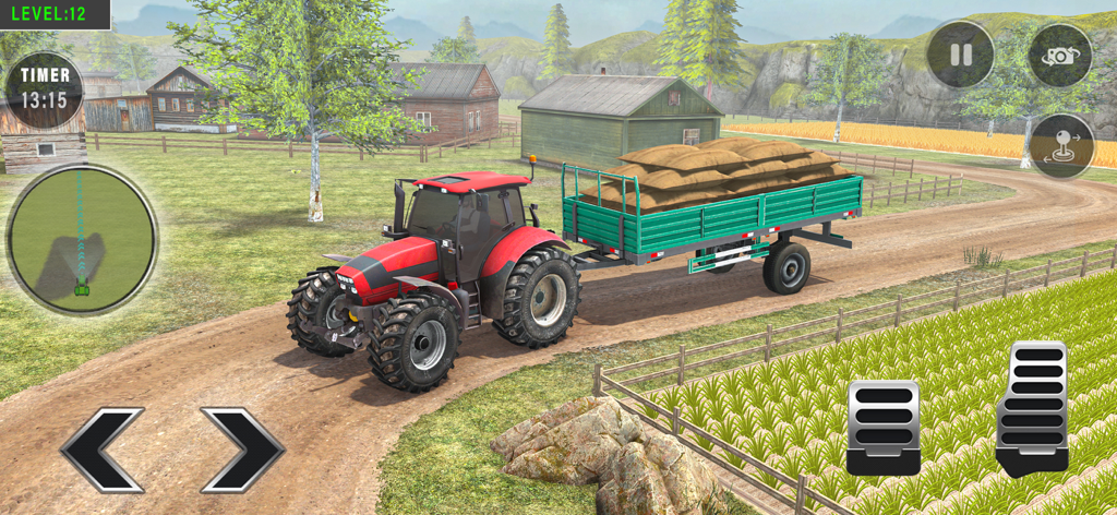 Farming Simulator - 24 - A red tractor pulling a loaded green trailer on a dirt path in a rural village setting.
