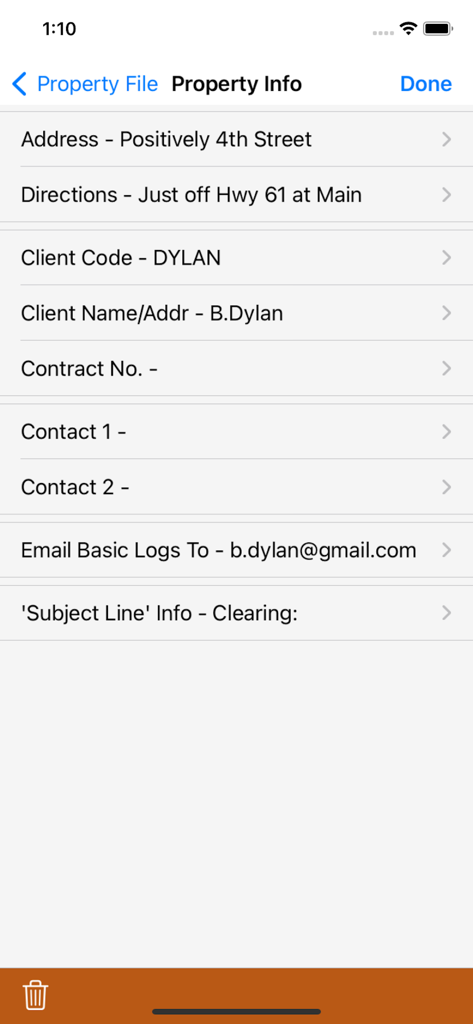 mpengo Snow - The Property Info screen of the mpengo Snow app showing fields for address directions client name and contact email