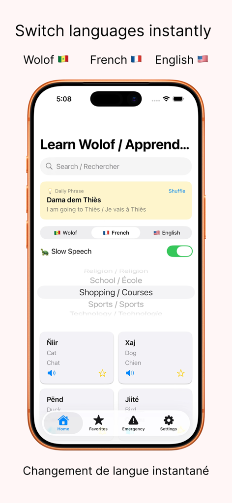 Wolof - Interface of the Wolof language app showing trilingual learning options for Wolof French and English with slow speech functionality
