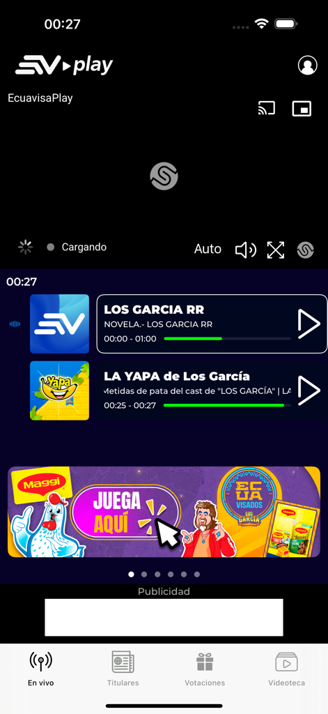 Ecuavisa Play - Interfaz de la aplicación móvil Ecuavisa Play mostrando un reproductor de transmisión de TV en vivo y listados de contenido