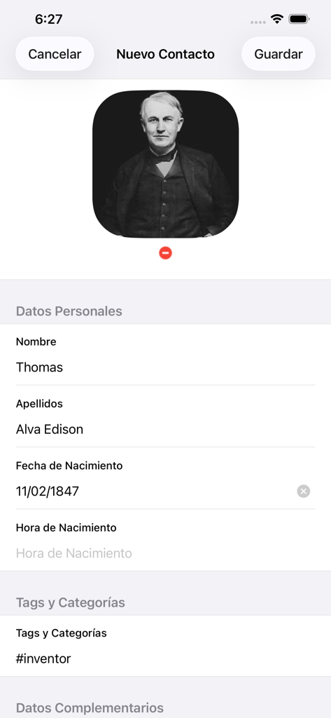 ContactLog - Interface of ContactLog app showing the creation of a new contact profile for Thomas Edison