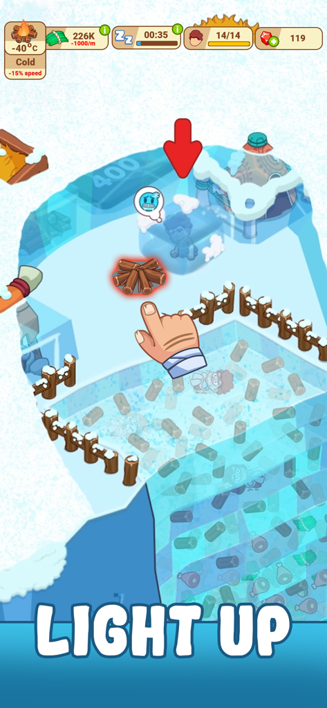 Icy Village: Survival Idle - Icy Village Survival Idle gameplay showing a tutorial step to light a fire in the cold wilderness