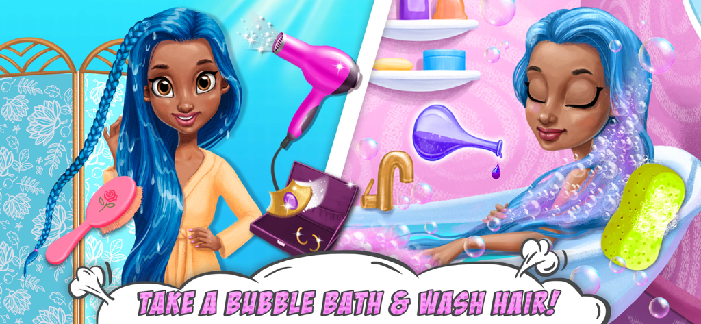 Power Girl Moana washing her blue hair and taking a bubble bath in a superhero themed girls game