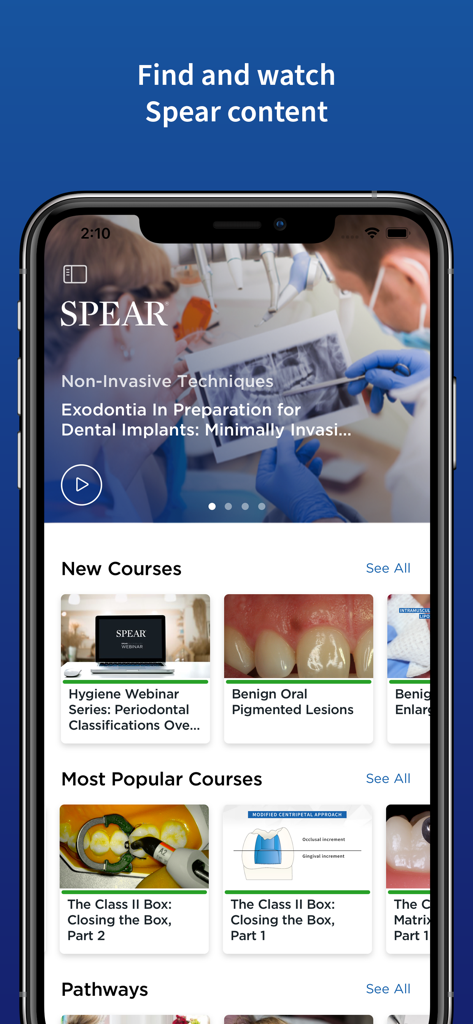 Spear Online app dashboard showing dental education courses and clinical video lessons