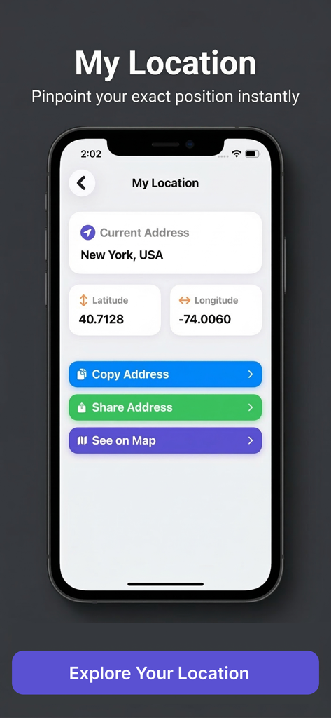 GPS Navigation & Live Earthmap - Smartphone screen showing current address and GPS latitude and longitude coordinates