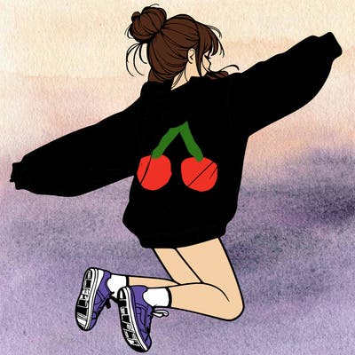 realistic girl jumping with a bun and oversized sweatshirt