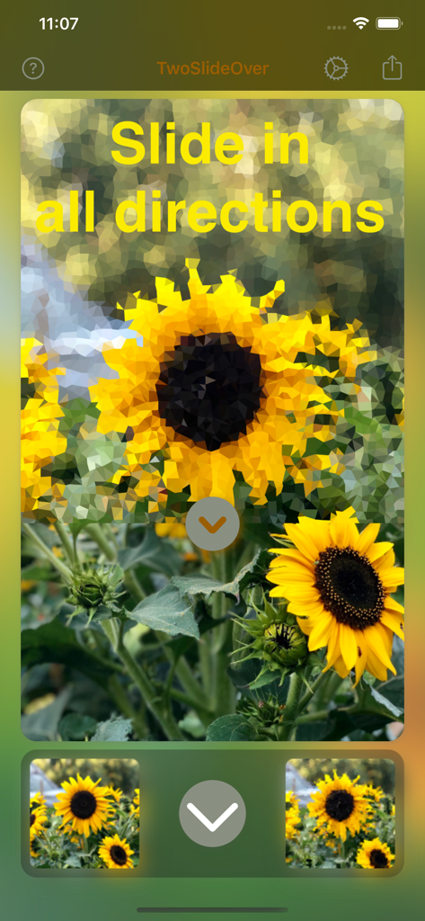 TwoSlideOver app interface showing a sunflower comparison with a vertical slider and crystal effect filter.