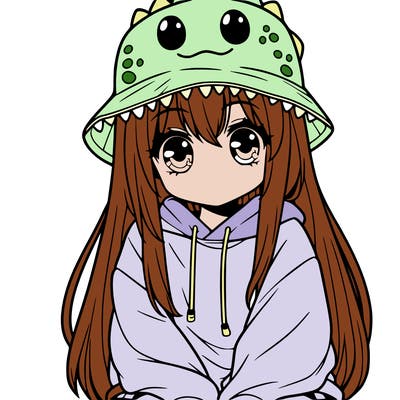 girl with anime shaped eyes with a dinosaur bucket hat oversized sweatshirt long straight hair