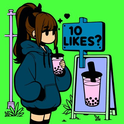 girl with oversized hoodie drinking boba and she has a high ponytail with a sign that says 10likes?