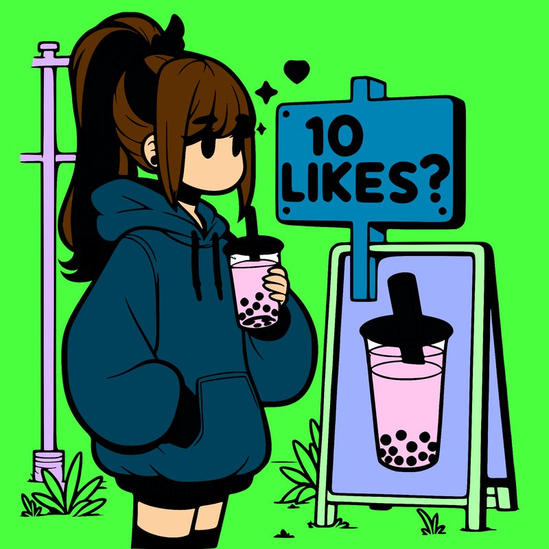 girl with oversized hoodie drinking boba and she has a high ponytail with a sign that says 10likes?