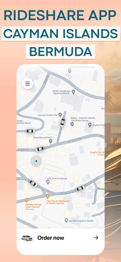 Island: GO! Cayman & Bermuda - Map interface of the Island GO rideshare app showing available vehicles in the Cayman Islands.