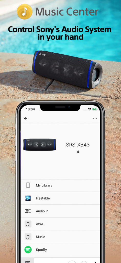 Interfaz de la aplicación Sony Music Center que muestra controles para un altavoz Sony SRS-XB43