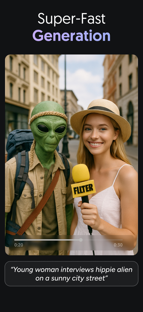 AI Video, Pix Generator・Filter - Interface de l'application montrant la génération ultra-rapide d'une vidéo IA basée sur l'invite 'jeune femme interviewant un extraterrestre hippie dans une rue ensoleillée'.