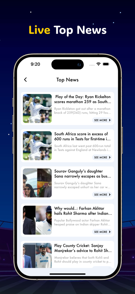 Live Cricket TV HD Sports - Sección de noticias principales de la aplicación Live Cricket TV que muestra los últimos titulares y artículos de cricket.