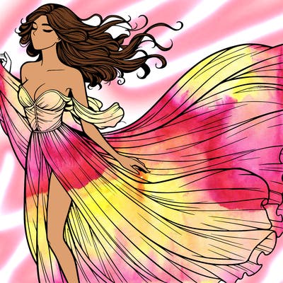 realistic woman in dress flowing the the wind