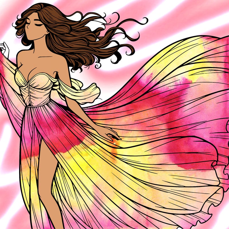 realistic woman in dress flowing the the wind