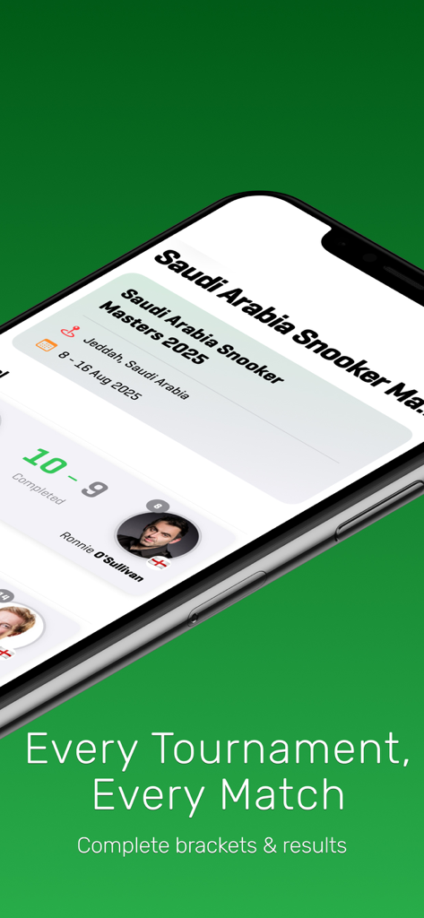 World Snooker Online app displaying snooker tournament results and brackets