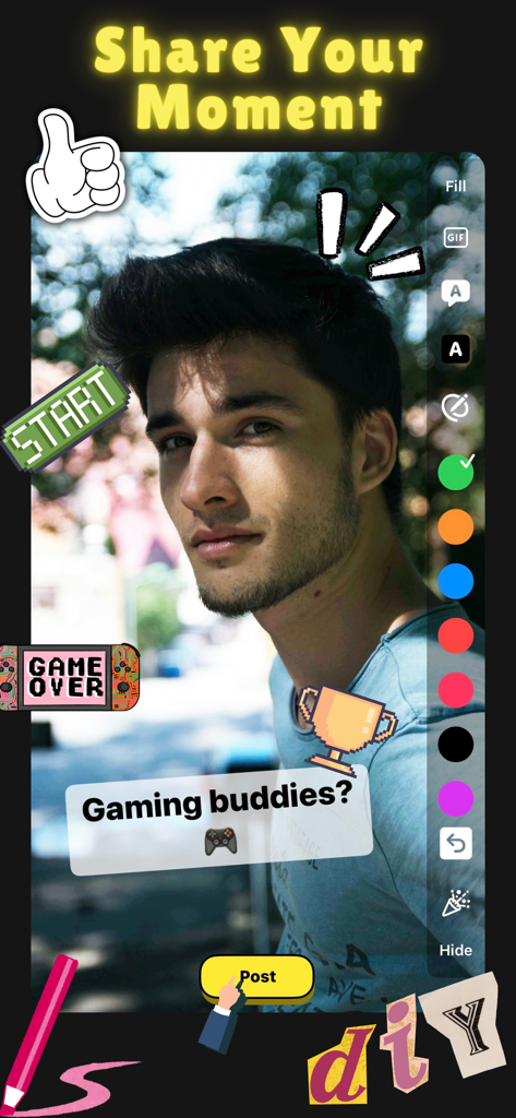 A user profile post on HMU app featuring a young man with gaming stickers and a caption asking for gaming buddies.