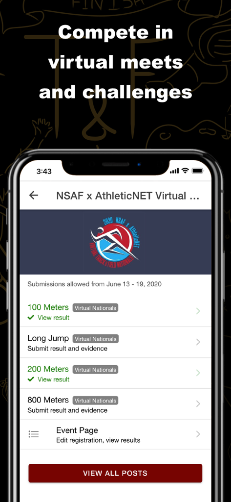 Un smartphone affichant l'écran de compétition virtuelle d'Athletic.APP avec des listes d'épreuves d'athlétisme comme le 100 mètres et le saut en longueur.