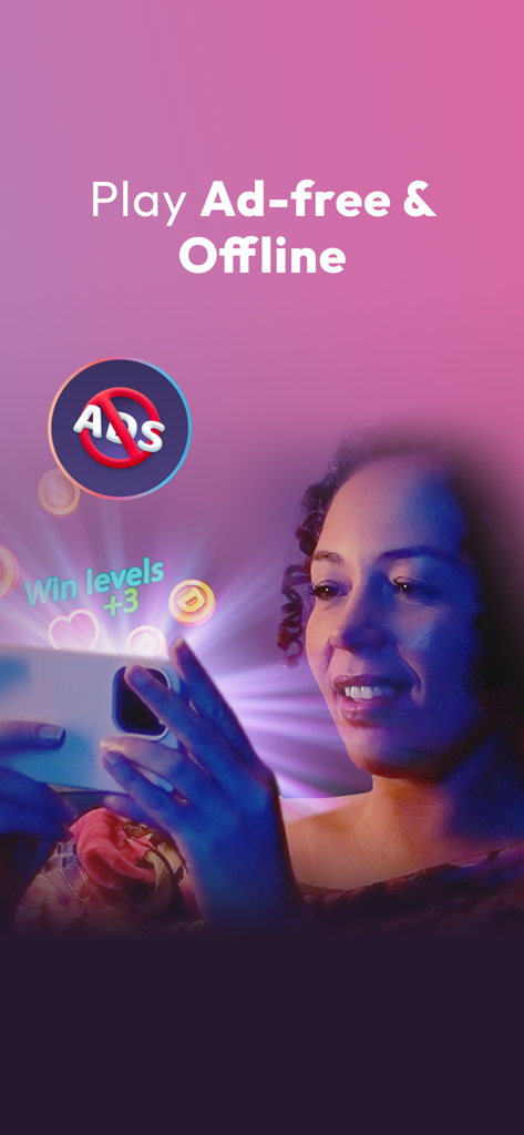 A woman smiling while playing mobile games on her phone with a text overlay saying Play Ad-free and Offline