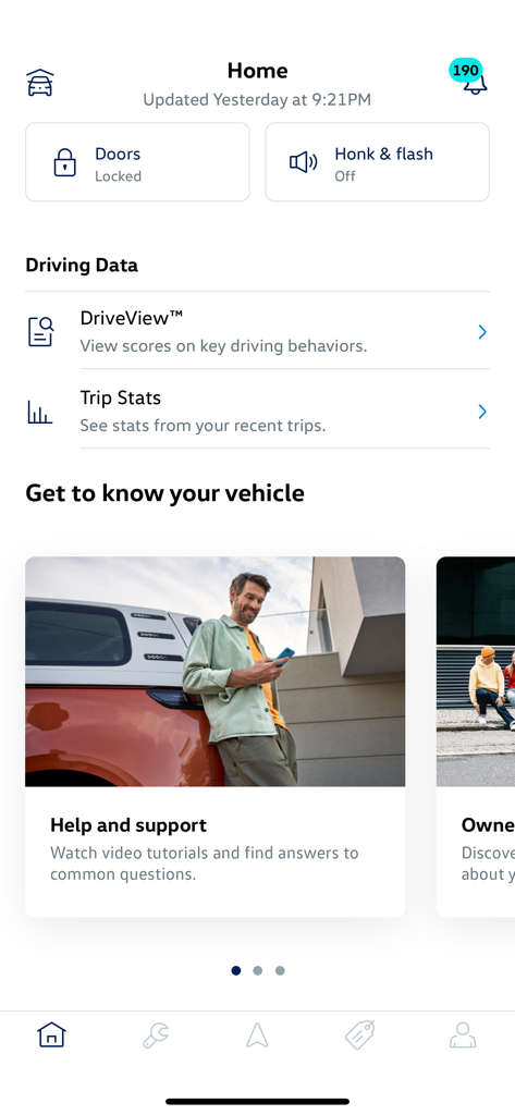 myVW - The home screen of the myVW app showing vehicle status and driving data