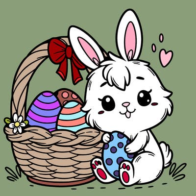 cute easter bunny in a basket with easter eggs