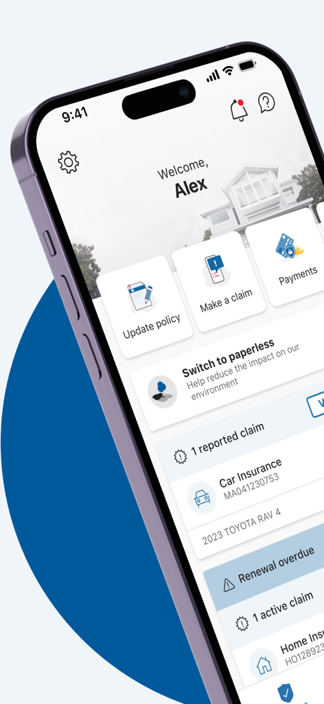 GIO insurance app home screen showing car insurance claim status and renewal notifications