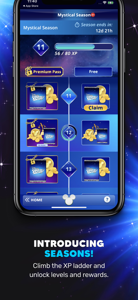 Disney Collect! by Topps app interface showing the Mystical Season XP ladder and unlockable rewards for collectors.