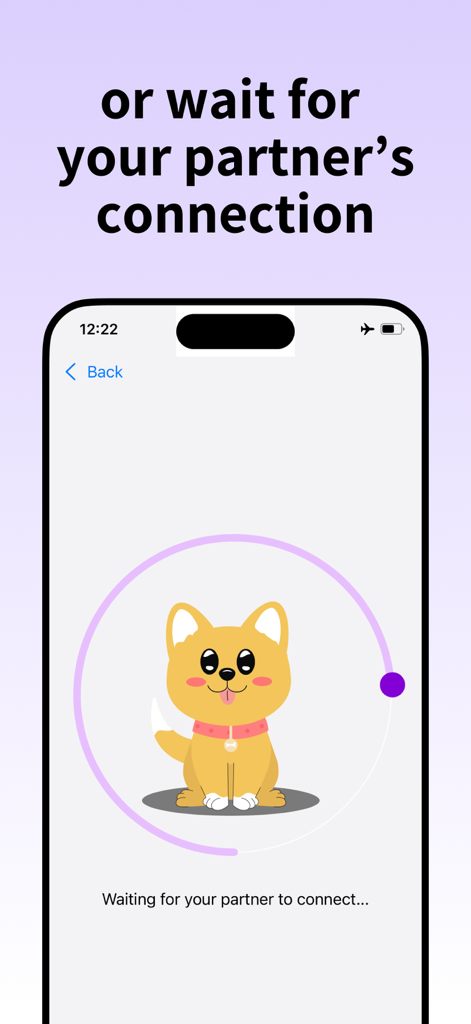 Offline Talk: Bluetooth Chat - Waiting screen of the Offline Talk app featuring a cartoon dog mascot and connection progress bar.