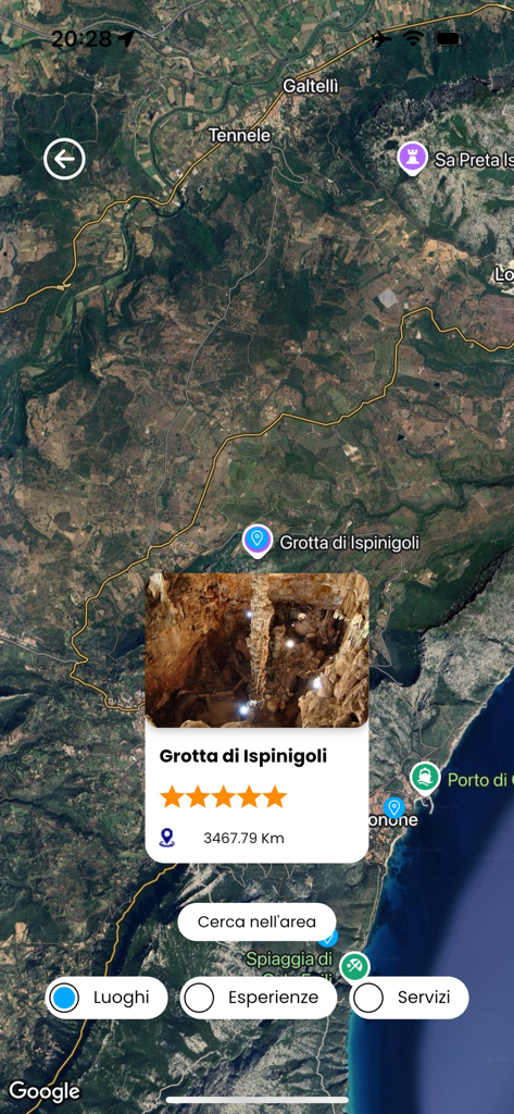 Heart of Sardinia - Satellite map view of the Heart of Sardinia app featuring the Grotta di Ispinigoli attraction.