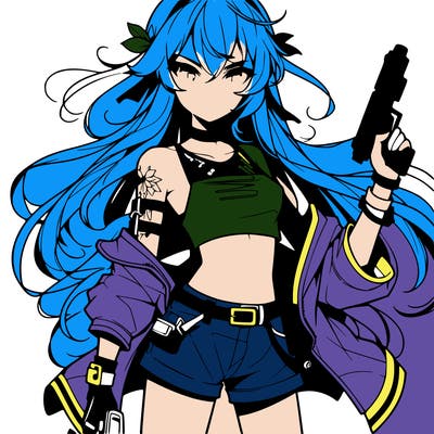 bad girl wearing crop top holding a gun long hair anime