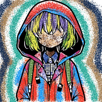 little anime girl in a raincoat her hair is covering her eyes she has a lighter