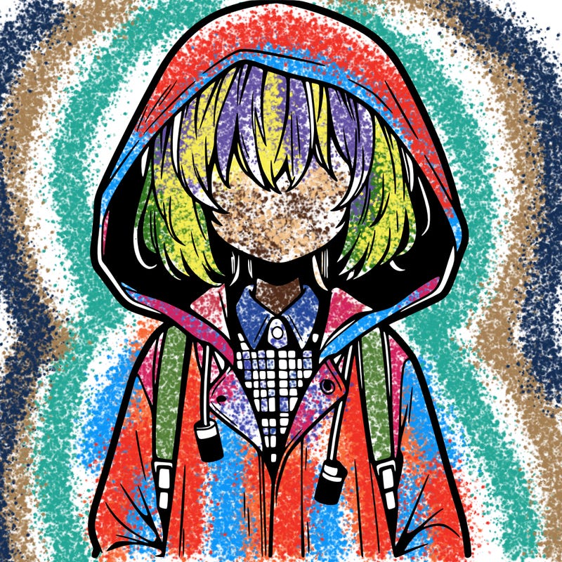 little anime girl in a raincoat her hair is covering her eyes she has a lighter