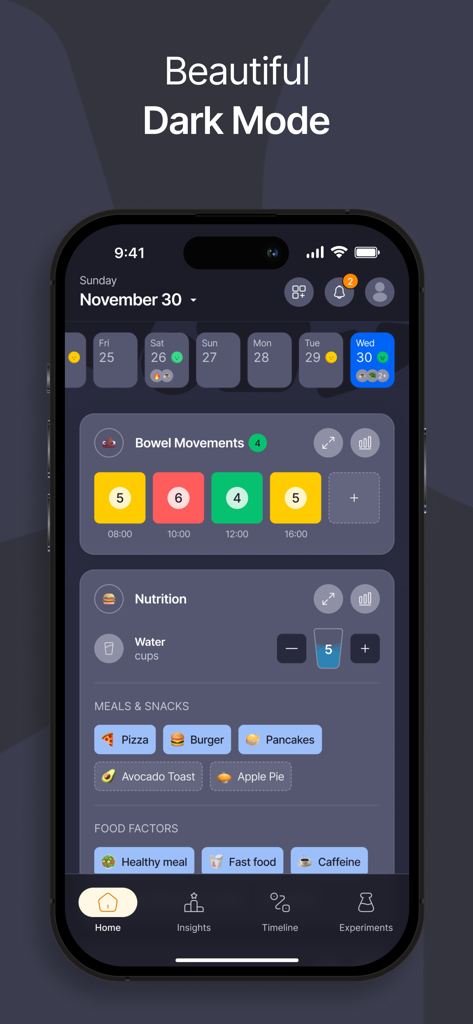 Effecto Symptom & Mood Tracker - Interfaz de la aplicación de salud Effecto en modo oscuro mostrando rastreadores de síntomas, nutrición e ingesta de agua