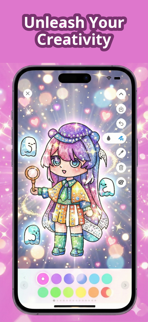 Chibi Coloring Book: Anime Art - Digital coloring app interface featuring a magical chibi girl with sparkling glitter effects.