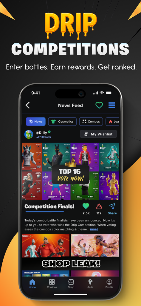 Dilly for Fortnite - Dilly for Fortnite app interface showing drip competitions and character combo voting