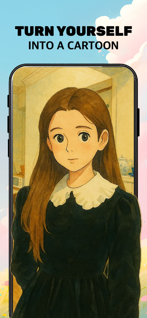 ToonPro - toon your photo - 툰프로 앱을 사용하여 만화 아바타로 변환된 사진을 보여주는 스마트폰 화면.