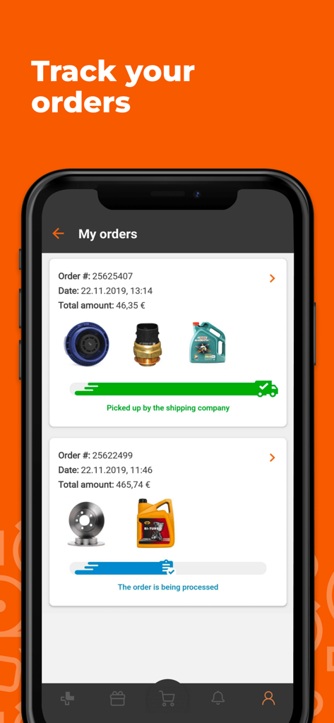 AUTODOC – shop for car parts - AUTODOC mobile app interface showing real-time order tracking status with progress bars for car part deliveries