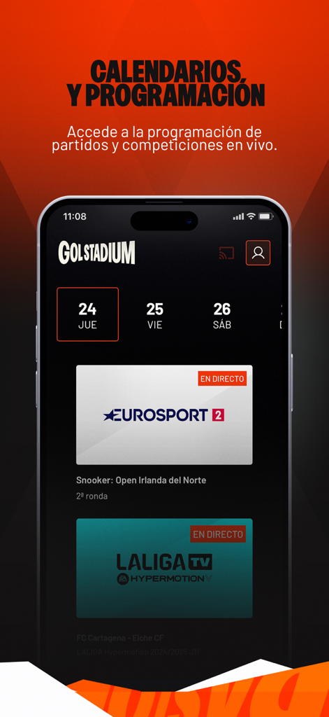 GolStadium Spain - GolStadium app interface showing the event schedule with live streaming options for Eurosport and LaLiga TV Hypermotion