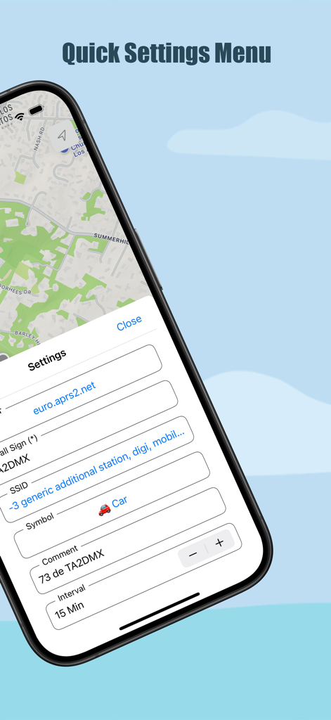Menu de configurações rápidas do aplicativo móvel APRSKit mostrando configuração do indicativo de rádio amador e configurações de intervalo de transmissão sobre um mapa.